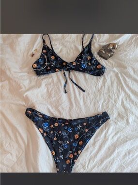 Floral Navy Tie-Front Bikini Set